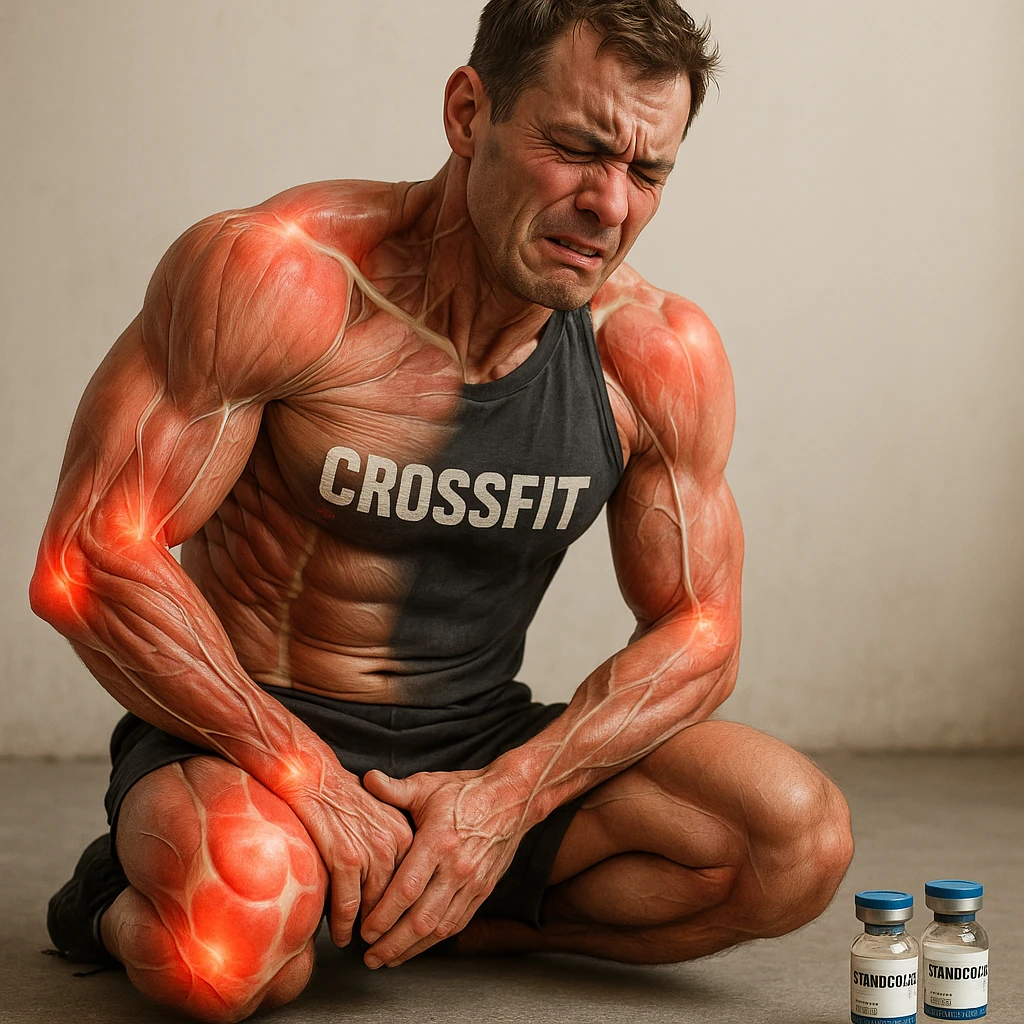 realistic and anatomical crossfit athlete with joint problems all over the body, detailed muscles and joints, painful expression, vials of 'Stanozololo' nearby, natural light, neutral background emoji