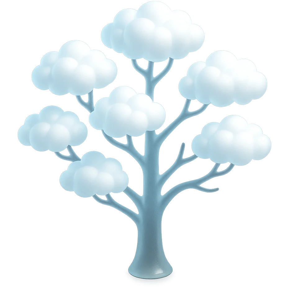 one tree with many branches and a white trunk, crown made of small very bright white fluffy convex clouds, matte glass style emoji