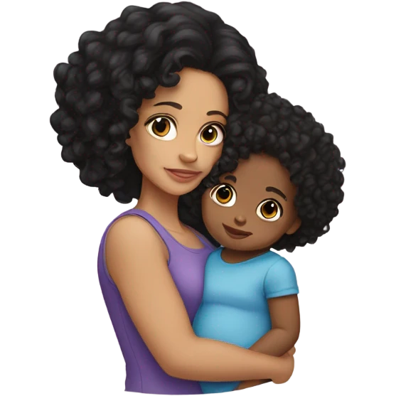 light skin woman standing with black hair holding a curly head mixed baby girl emoji