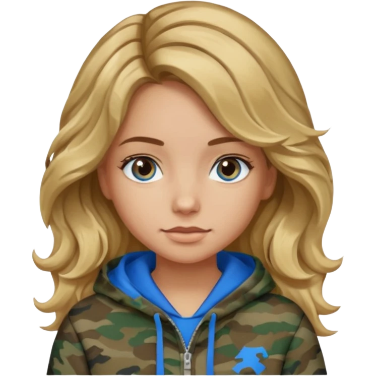 Girl with wavy brown hair  blonde highlights with blue eyes, medium skin tone , camo hoodie emoji