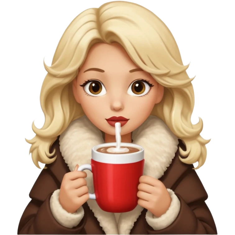 Tanned Girl with lashes , blonde hair, in an extremely big fluffy oversized coat and hold hot chocolate drink and vertically short eyes , big lip emoji