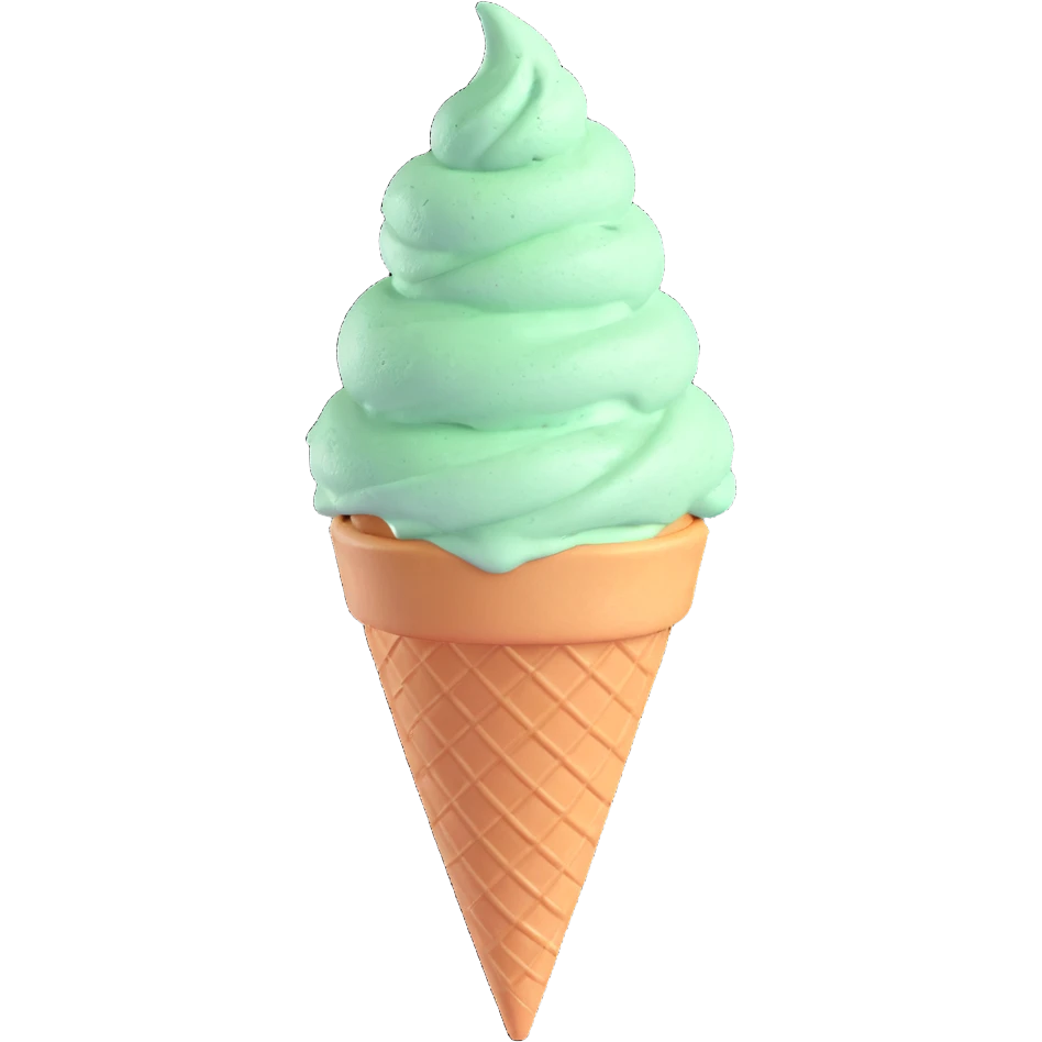 mint ice cream cone, textured cone, light green ice cream with mint leaves, realistic 3D style emoji