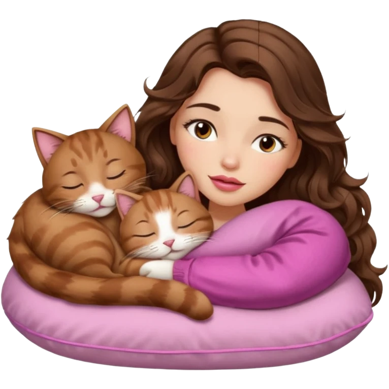 girl with long wavy brown hair, brown eyes, long lashes makeup, sexy pink lips, light to medium complexion,  sleeping on a cozy pillow, with 6 cats, sleeping emoji