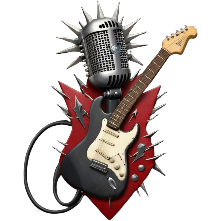 Create a powerful and dynamic humanless emoji representing rock vocals. The design should feature a classic vintage microphone with a rugged, distressed look, surrounded by elements like a guitar pick, electric guitar neck, and sound waves to reflect the raw energy of rock music. Add subtle details such as a spiked bracelet, leather textures, or bold lightning bolts to evoke the rebellious and intense spirit of rock. Use dark, edgy colors like black, red, silver, and metallic accents to emphasize the fierce, loud, and passionate nature of rock vocals. The background should be transparent. emoji