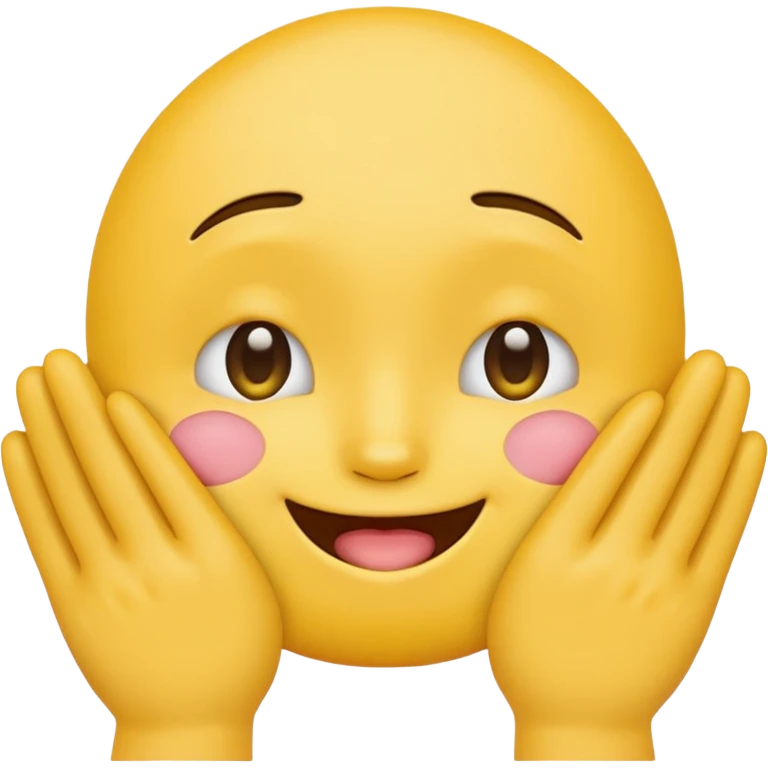 yellow emoji head with blushing cheeks hands mostly covering face tiny smiling mouth visible emoji