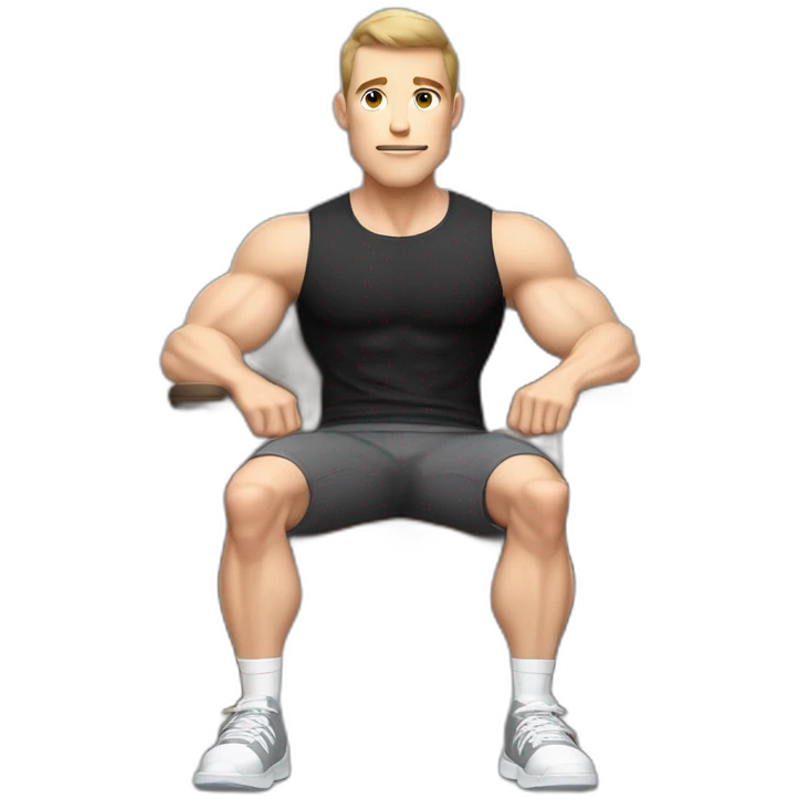 Pale skinned Fit Man With the biceps and dark brown hair in black shirt, gray sports shorts and white Sneakers Sitting on a chair emoji