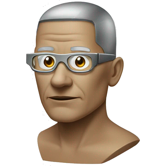 Older Male cyborg head with metallic plated face, brown flat top haircut, glasses and circuitry emoji