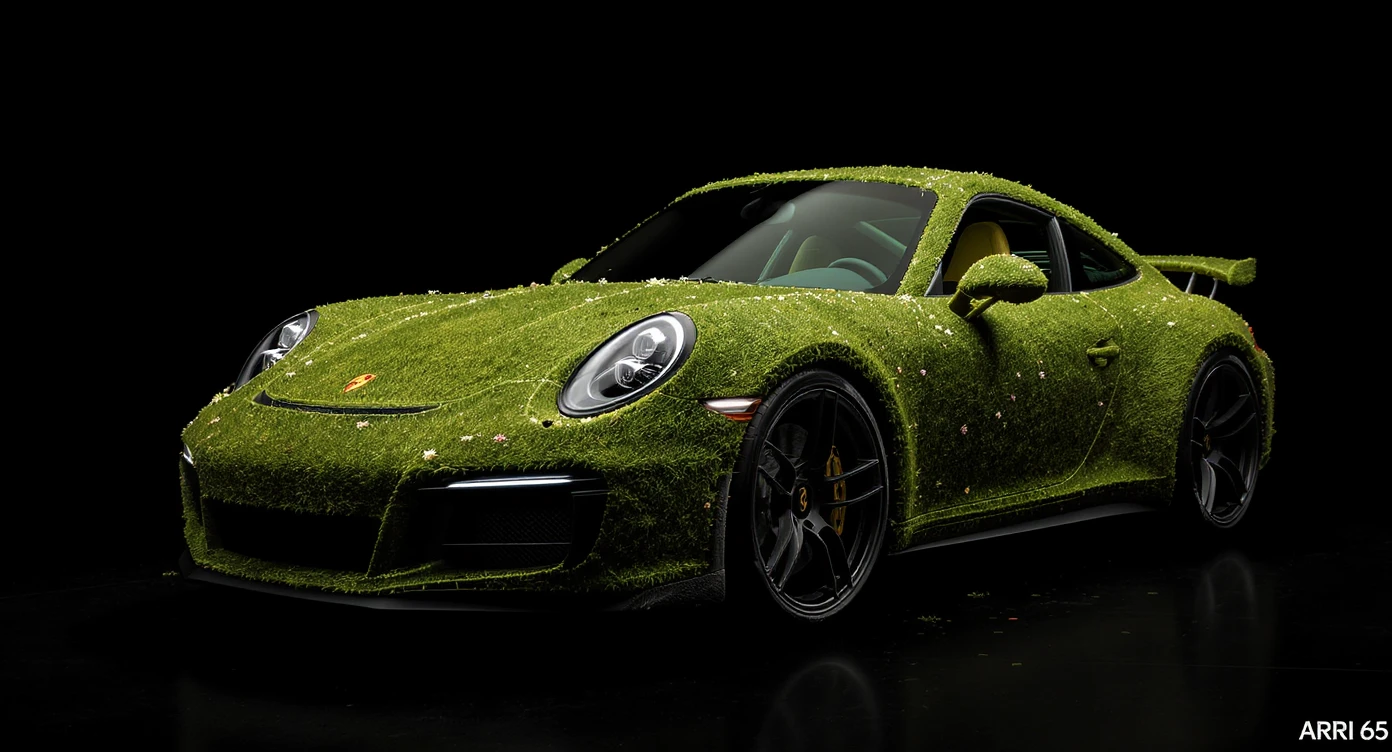 Closeup shot of a porsche 911, body of car made of grass and flowers, black solid studio background, very dark room, top low key light, dutch angle, captured by ARRI 65 emoji