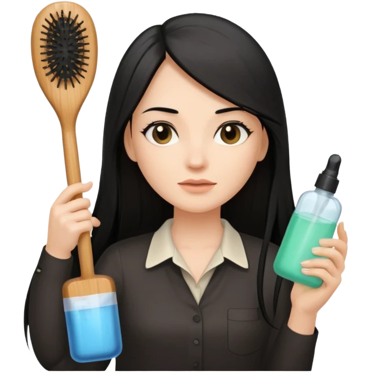 A white woman with long, straight black hair, wearing an ivory-colored shirt, holding a small square wooden paddle hairbrush in her left hand and spraying a hair mist bottle with her right hand toward her hair. emoji
