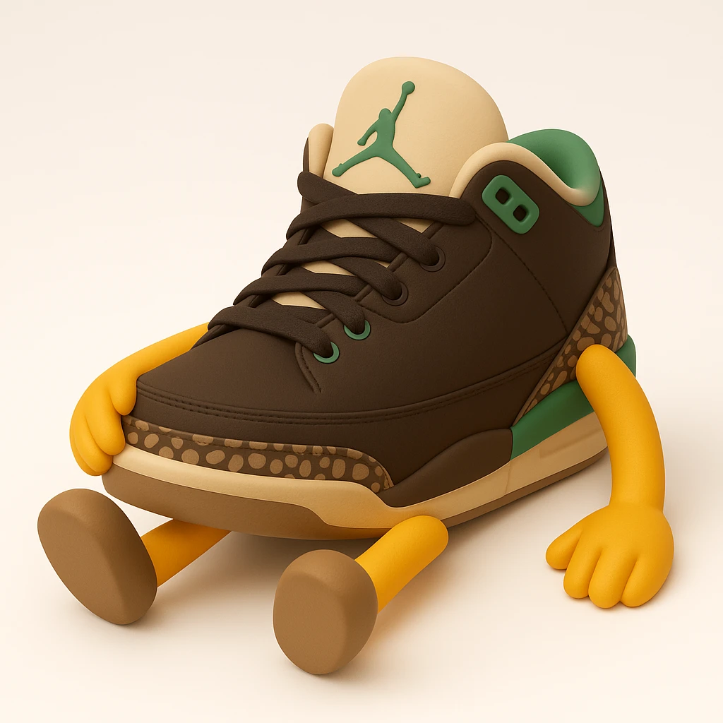 Create a sneaker character in a sitting pose with arms and legs, inspired by the reference image, in a 3D emoji style. The style should resemble Microsoft style 3D fluent emojis with a relaxed and casual pose. emoji