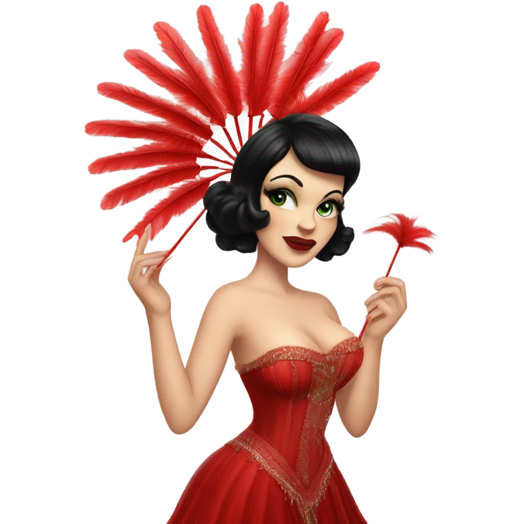 Burlesque dancer with black hair, pale skin, and green eyes in a red vintage costume holding red feather fans emoji