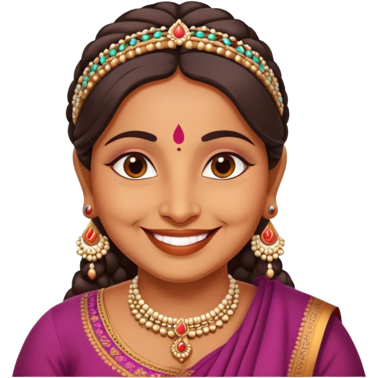 A cheerful Indian aunt (mausi) character with a plump face, smiling, wearing traditional Indian clothing and a bindi emoji