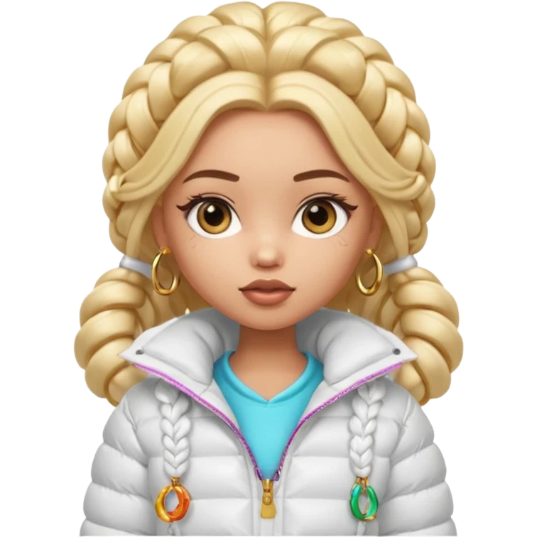 generate a pretty bratz girl with a WHITE puffer jacket, hoops, long braided hair emoji