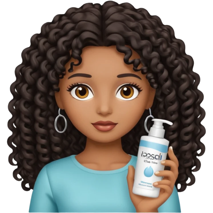 Uma boneca morena com olhos castanhos e cabelo cacheado longo preto, com creme de pentear na mão da Salon line emoji