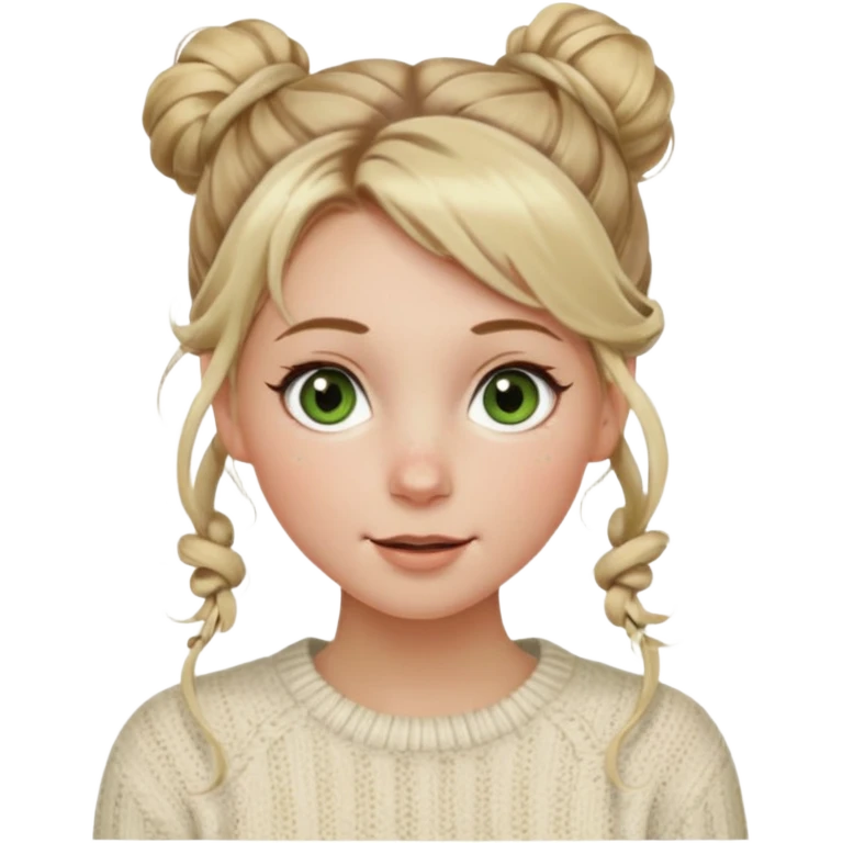 dirty blonde hazel  green eyes woman with a white cable knit sweater and one messy bun with tendrils of hair flowing down her face and she is happy pale, some freckles, blush. she has a cateye wing and long lashes emoji
