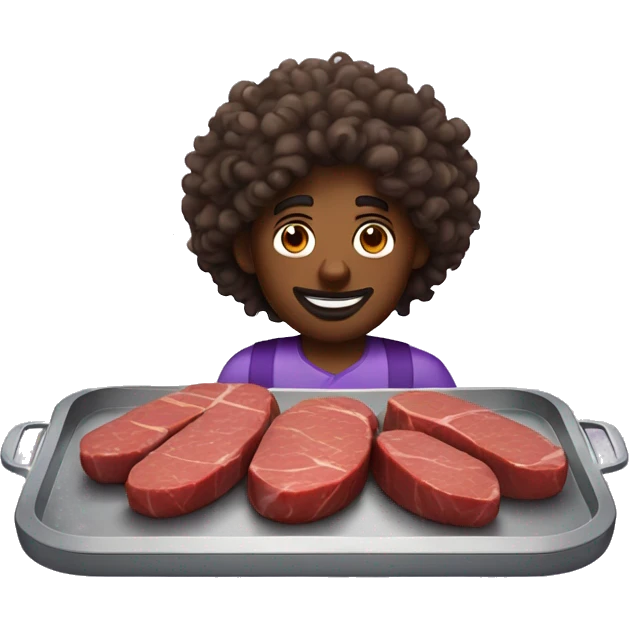 Curly hair brown skin man with meat and eggplant on a tray emoji