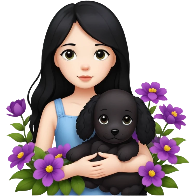 A girl with long black hair is holding a black teddy dog ​​in the flowers emoji