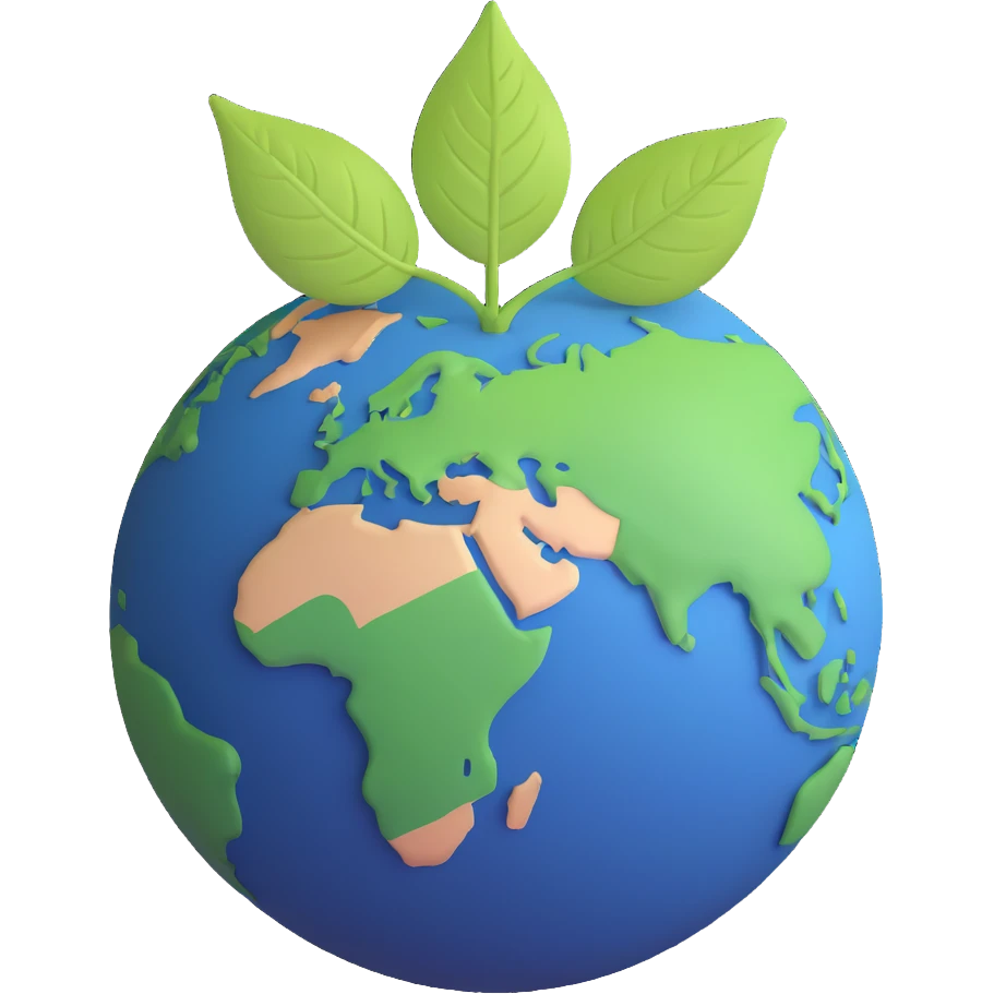 A single green leaf resting gently on top of a vibrant, round Earth globe. The focus is on the leaf and the globe with a simple background and soft natural lighting emoji