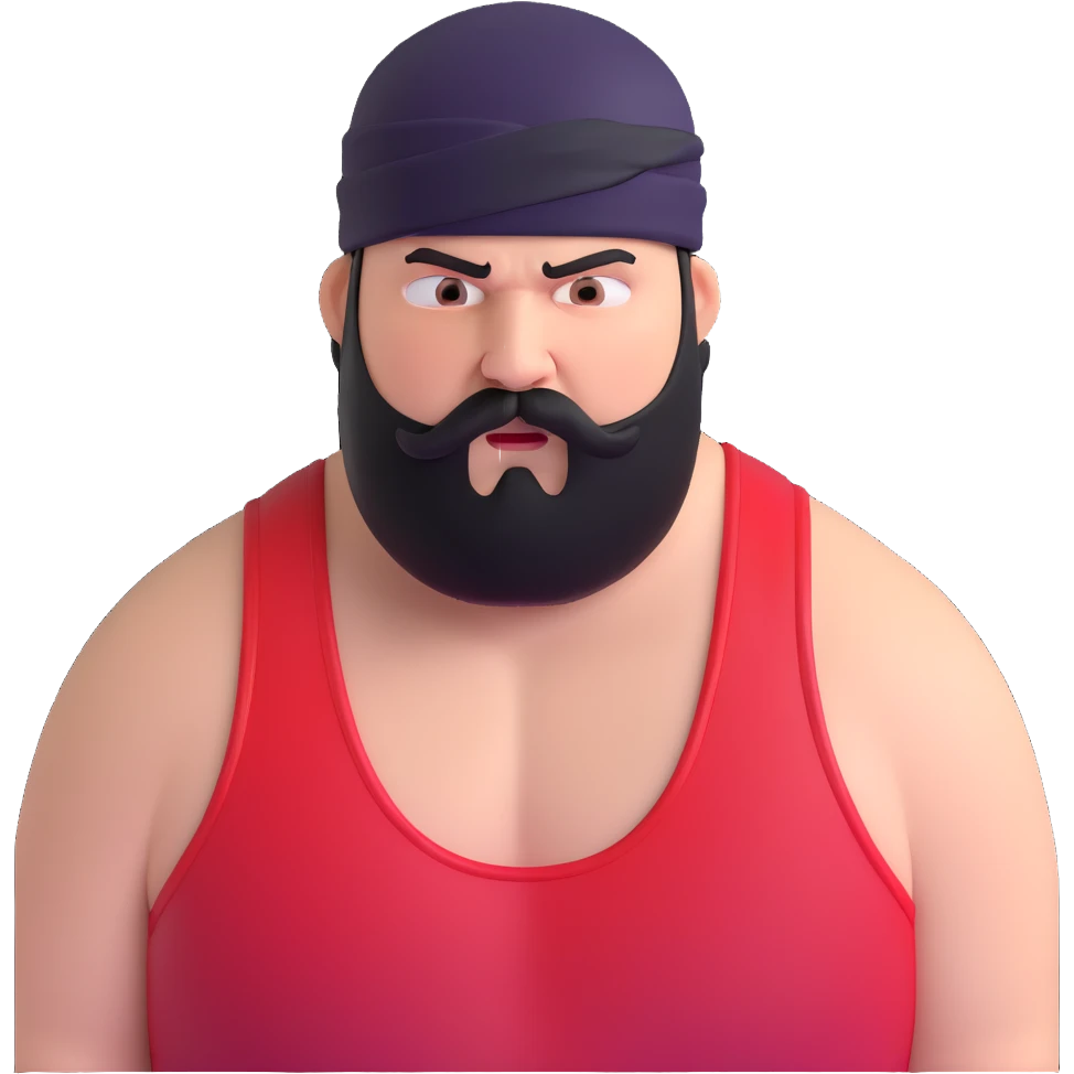 Close-up of extremely fat white skin guy with young face, prominent BLACK DURAG tied clearly on head, distinct black beard and mustache, no muscle, black eyes in a red and black wrestling singlet with angry face emoji