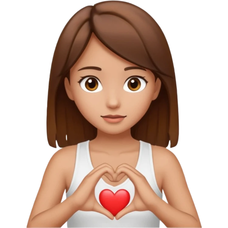 tan brown haired brown eyed girl making a heart with her hands wearing a white tank top emoji