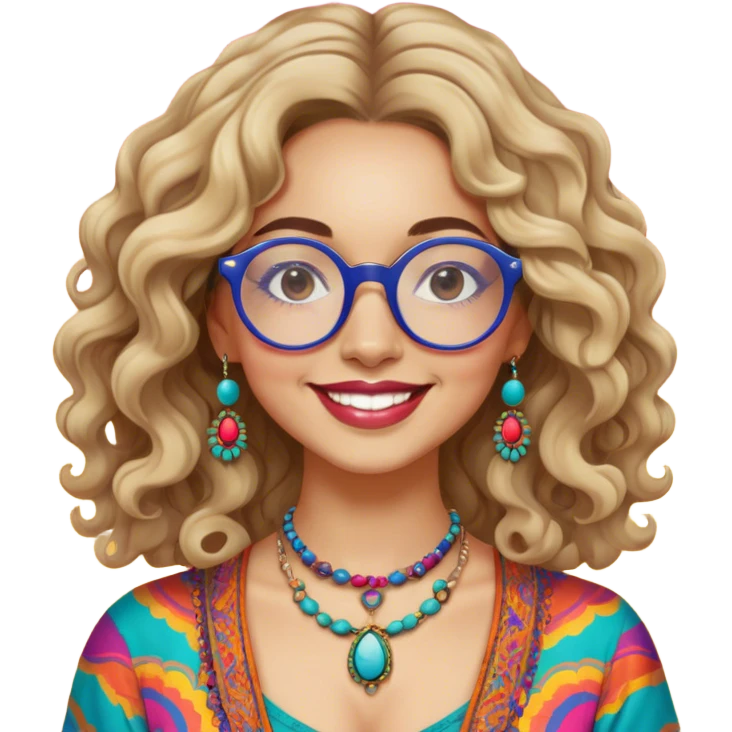 a portrait of janis joplin, with wavy hair, round glasses, and a warm smile. she wears bohemian jewelry and colorful clothing, capturing her iconic 60s vibe against a vibrant background. emoji