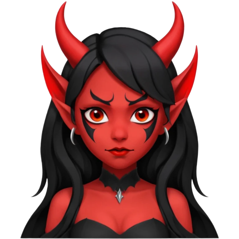 demon girl, skin red , black long hair, small horns, pointed ears, bat wing, black open-back dress, bold black outlines, red+black palette emoji