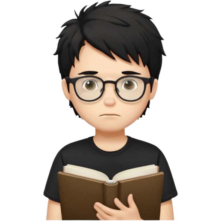 generate a pretty bratz fair skinned boy with black messy hair wearing a black tshirt looking bored n tired. Glasses on. holding books emoji