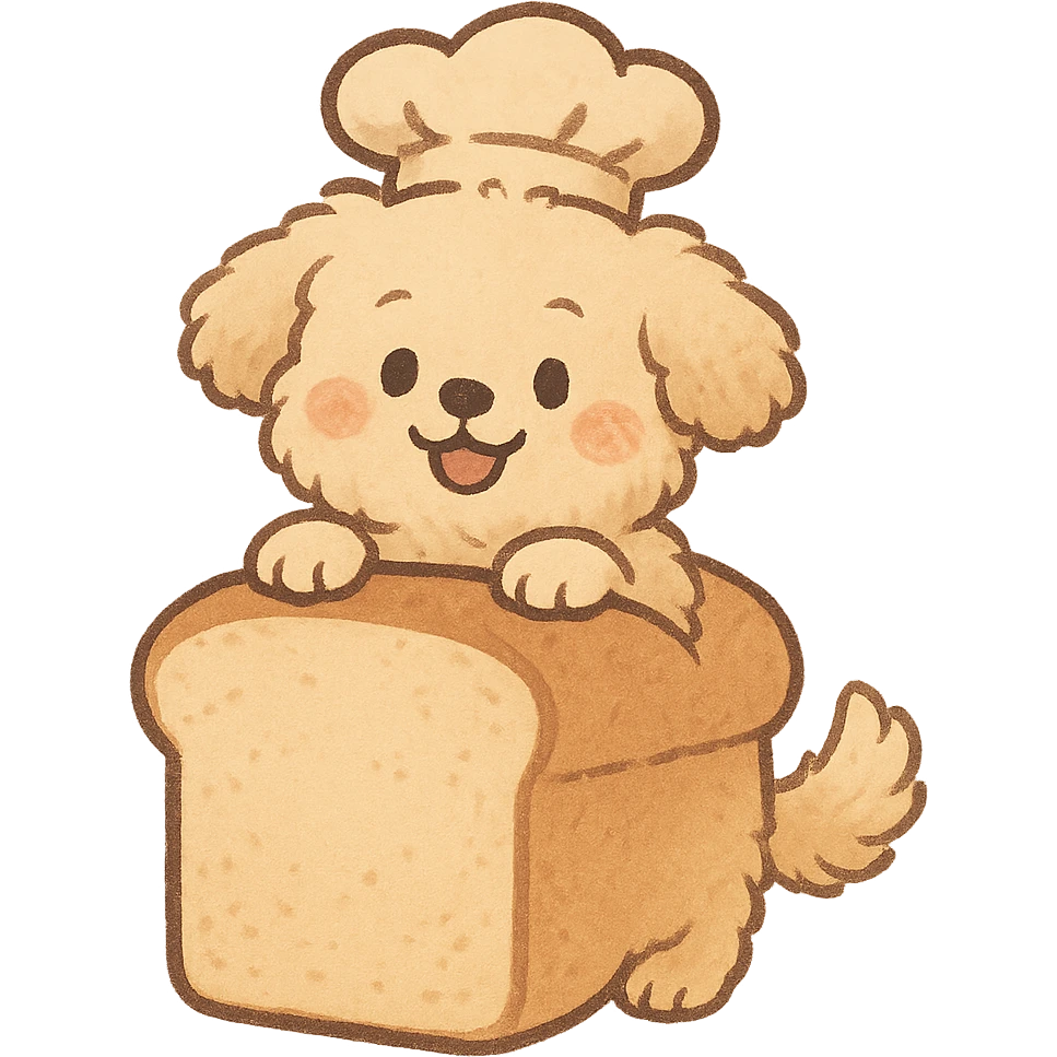 cute fluffy bread maker dog, peeking from bread loaf, cheerful, warm beige, full-body emoji