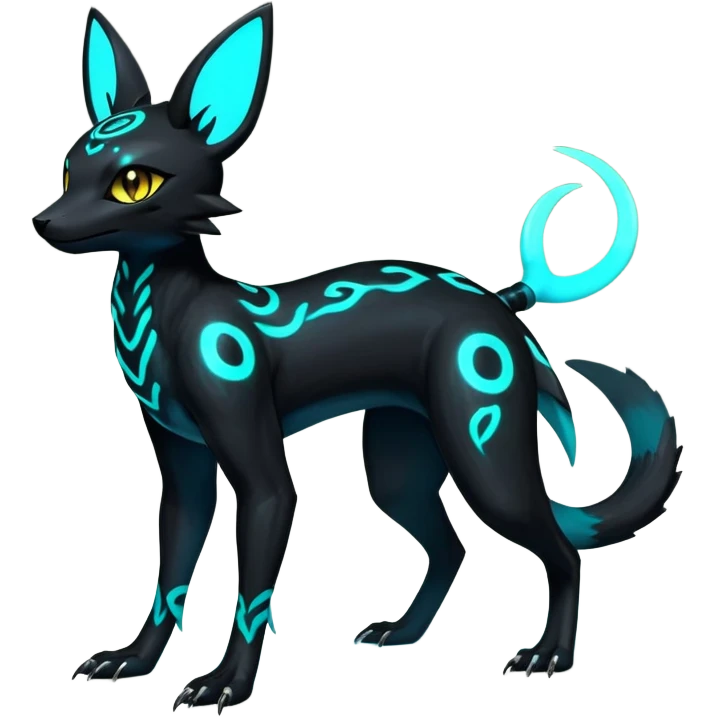 Rare realistic dark-neon glowing bioluminescent edgy badass epic pretty beautiful handsome gorgeous aesthetic colorful vibrant Vernid-Trico-Umbreon-Salandit-hybrid-species-Fakemon-creature by LiLaiRa, 4 legs, 1 tail, random markings, (full body) emoji