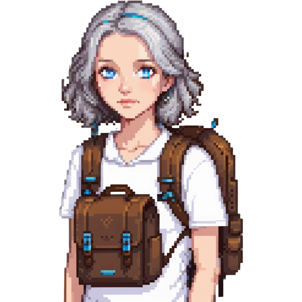 white woman park ranger with blue eyes, brown and gray hair, wearing a backpack emoji