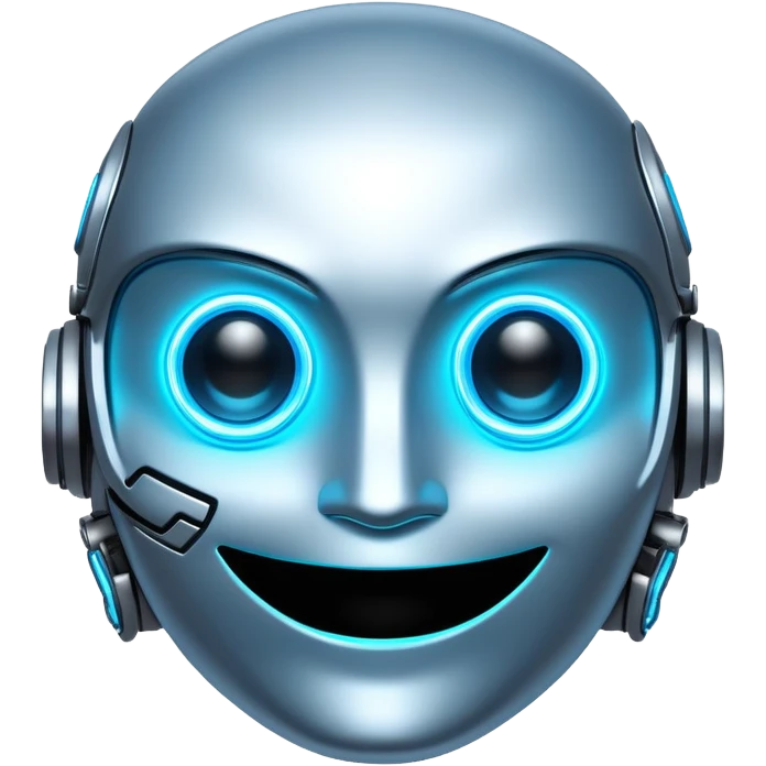 A cyberpunk emoji with a glowing neon blue smile, pixelated cybernetic eyes, and a sleek metallic surface, futuristic and high-tech style. emoji