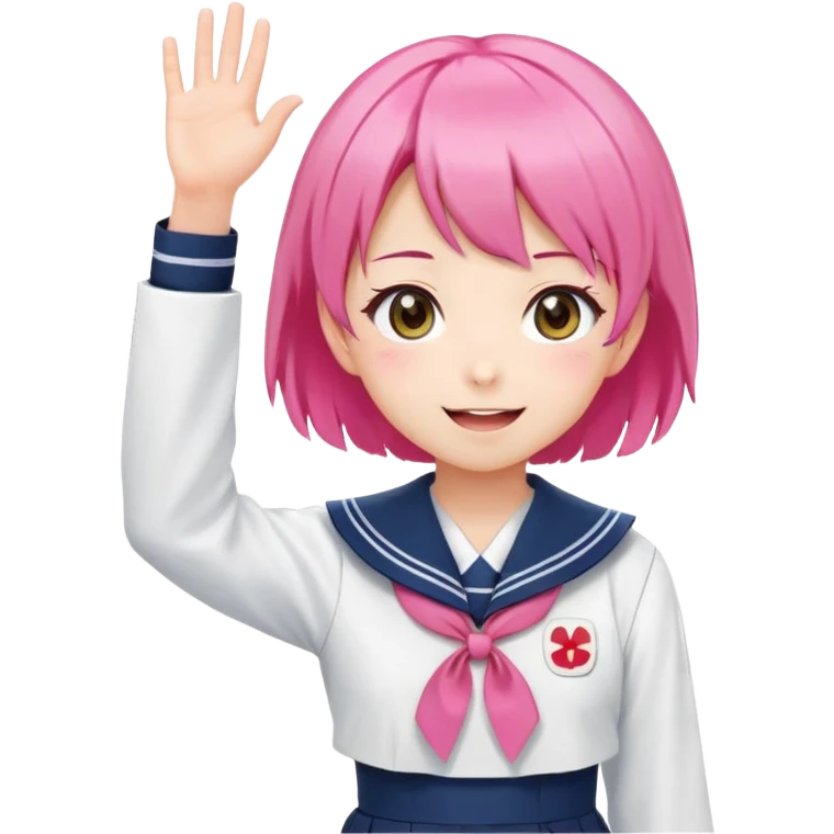 Anime girl with short bright pink hair wearing Japanese sailor style school uniform, composed posture with hand on hip but energetically waving with other hand, excited smile and happy eyes emoji