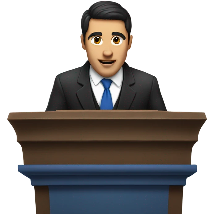 A man with dark hair and blue suit with black tie preaching behind pulpit emoji