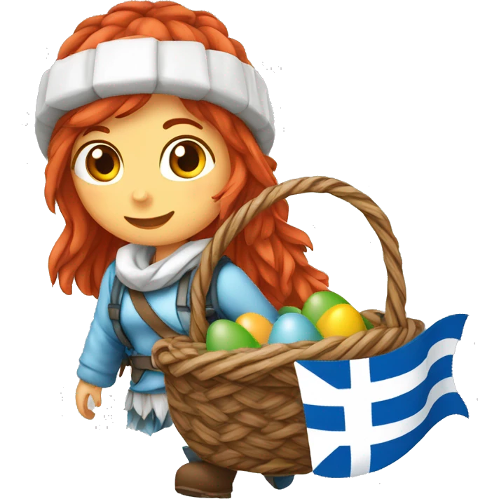 Greek red hair female winter mountaineer climbing with Easter eggsbasket and Greek flag emoji