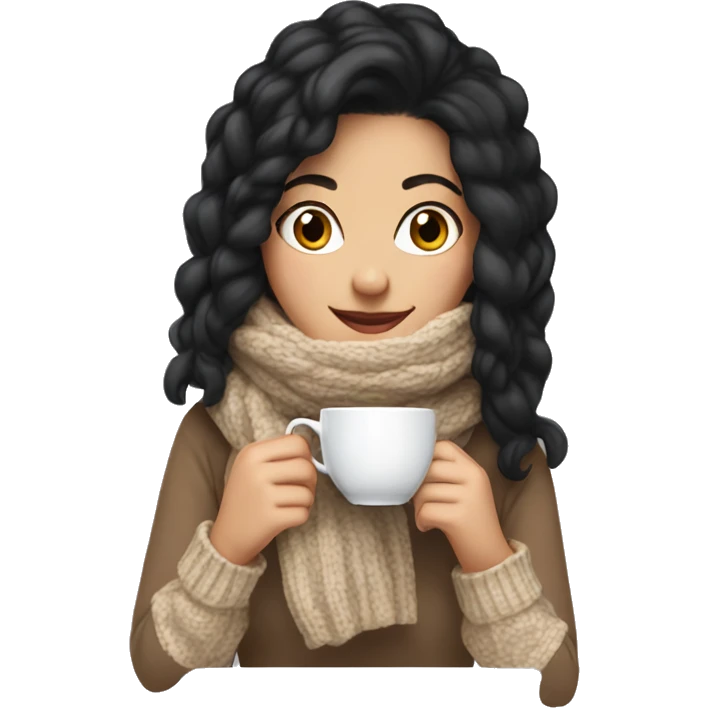 White girl black hair in a sweater and scarf sipping tea  emoji