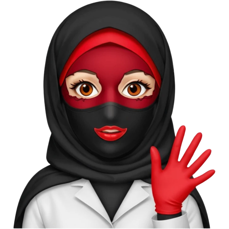 


Scary woman scalpel in hand, evil surgeon sexy surgeon clothes.  She has redcolored  eyes. Her  hair only is free ne brown long curly hair. Wears sexy doctor outfit with red gloves. make her wear full Muslim burka to mask and nose mouth mask  to hide. Wears white surgeon coat, wears  stilettos emoji