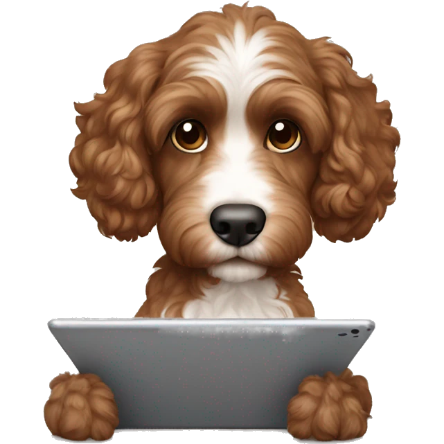 Brown cockapoo working on tablet emoji
