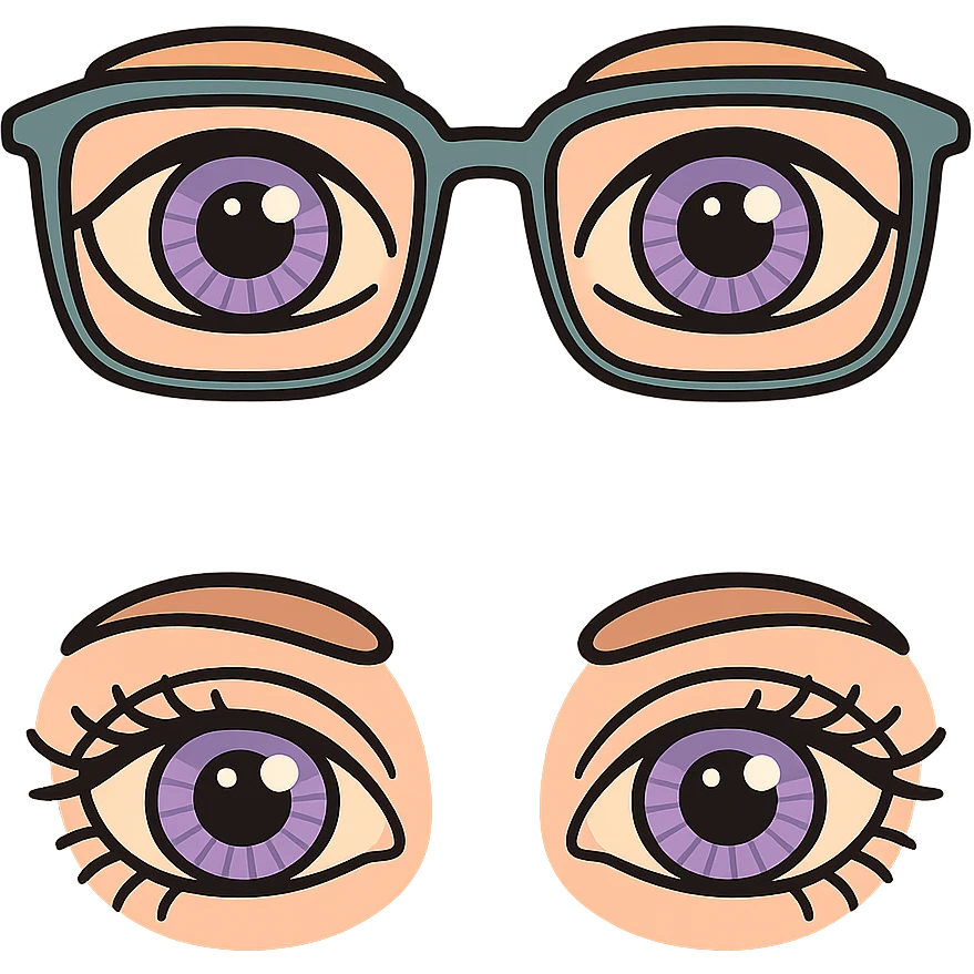On one canvas, create two pairs of anatomically realistic almond-shaped eyes with detailed irises and eyelashes as in the reference. One pair wears glasses, the other does not. Maintain the icon-color-outlined style with vector look, shadows and highlights, thin clean contours, soft rounded features, pastel palette #98B5BC #B5B3C1 #C9A3C9 #E4C0CA #F7DCD1 #F7C0AA, Japanese pop-art, sticker appearance, transparent background. emoji