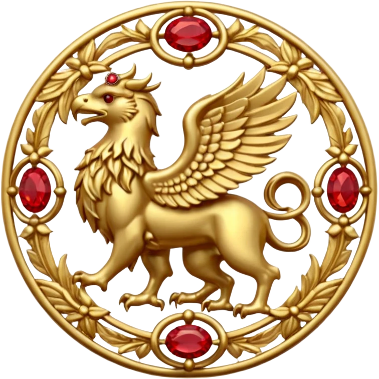 Golden griffin crest / brosch in a circle with red gems and no background emoji