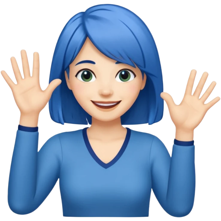 Woman with medium length blue hair doing jazz hands emoji