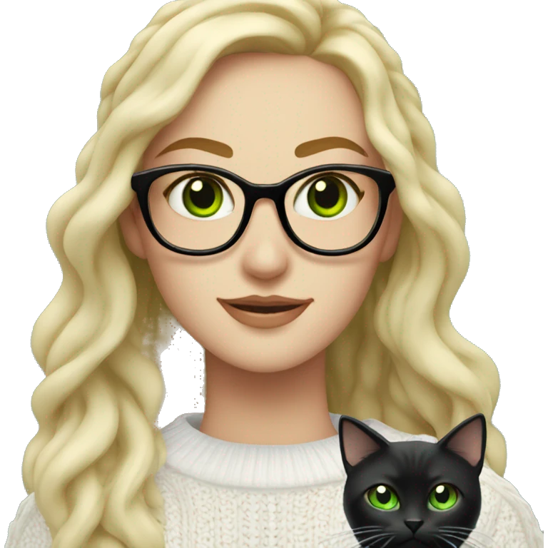 woman with green eyes and glasses with long wavy blonde hair in a white cable knit sweater holding a black cat with green eyes  emoji