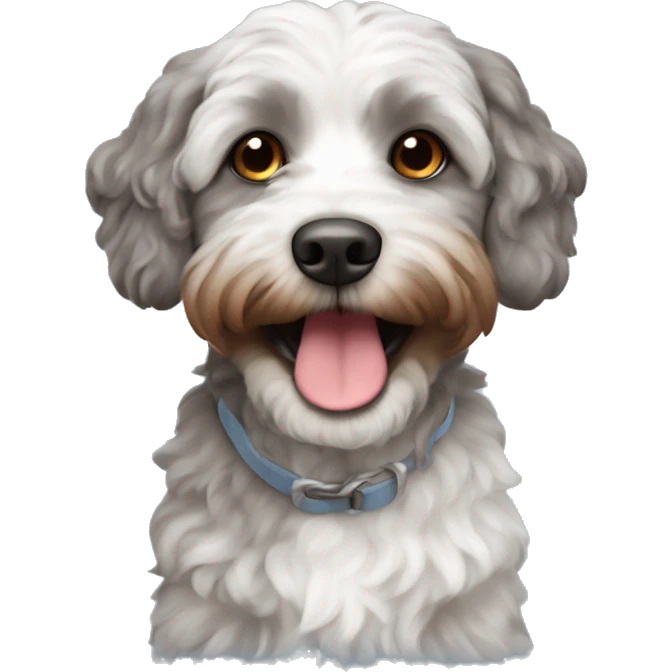 Cute grey and white Havapoo with brown mouth emoji