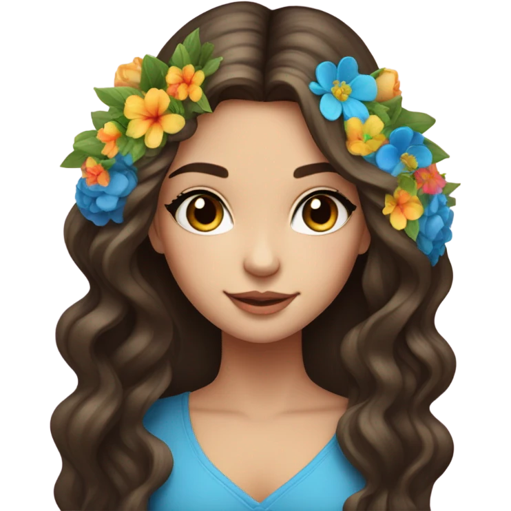 Wedding hair long with colourful florals beautiful finished brunette girl with blue eyes  emoji