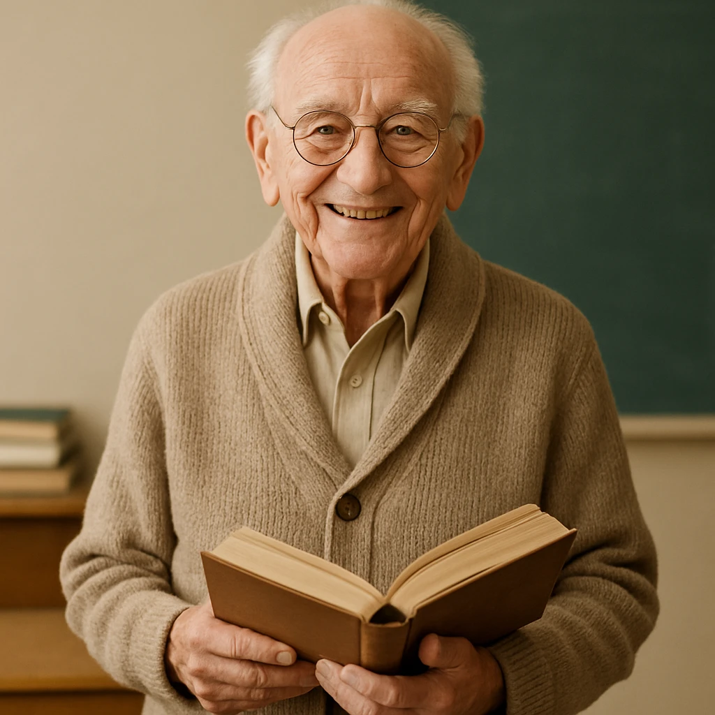 an elderly teacher, about 80 years old, smiling, holding a book, wearing a cardigan emoji