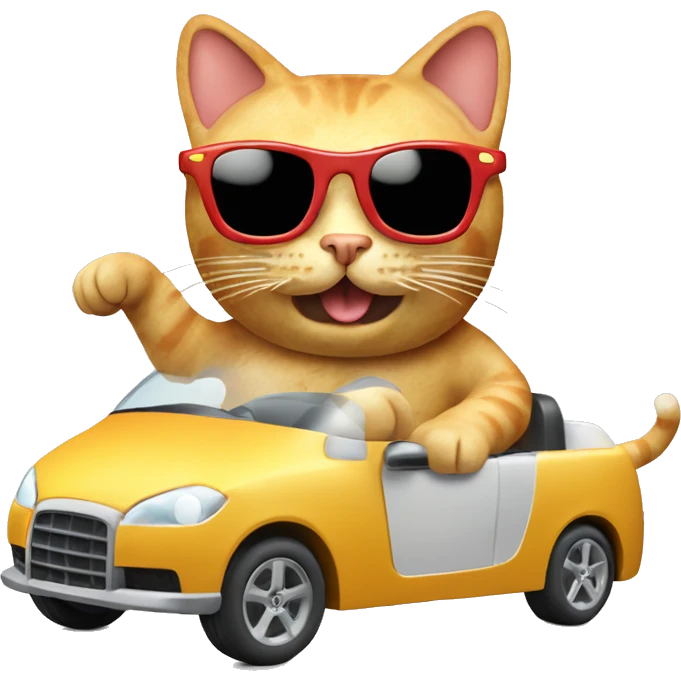 cat wearing sunglasses driving a car made completely out of a swiss cheese block and sausage wheels emoji