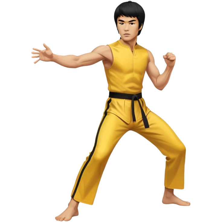 Bruce Lee in yellow jumpsuit, martial arts fighting stance, intense expression emoji