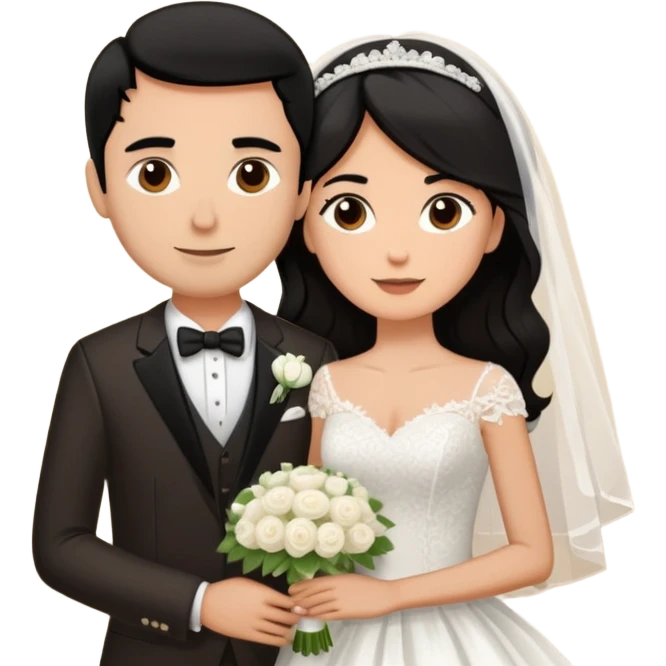 bride with long dark brown hair and groom whit very short black hair emoji