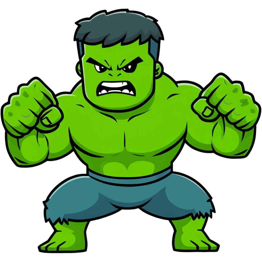 Hulk smashing with fists raised, green muscular superhero breaking ground, action pose, dynamic movement, angry expression emoji