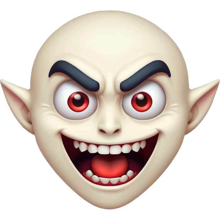 Cinematic Comical Vampire Portrait Emoji, with a sharply stylized, slightly caricatured pale face accented with exaggerated fangs and overly dramatic wide eyes filled with comic shock, head tilted in a hilariously startled pose, simplified yet amusingly detailed, glowing with a soft mysterious glow and a playful outline capturing the quirky humor of a vampire in disbelief! emoji