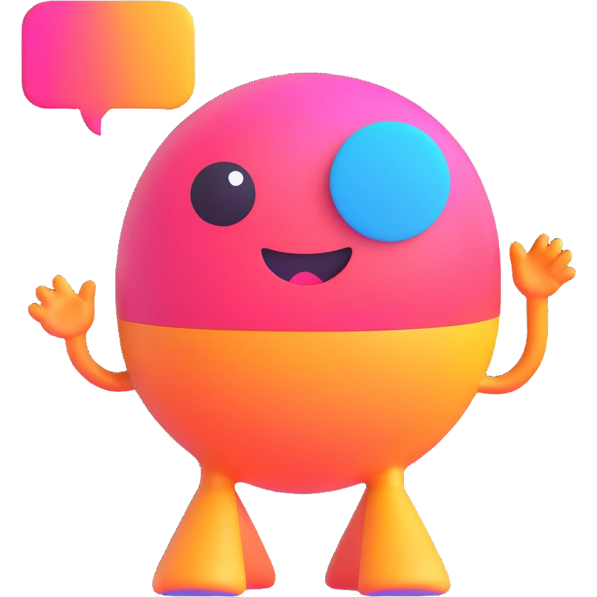Retro game mascot — like a Tamagotchi-style AI creature, round and colorful with a speech bubble. emoji